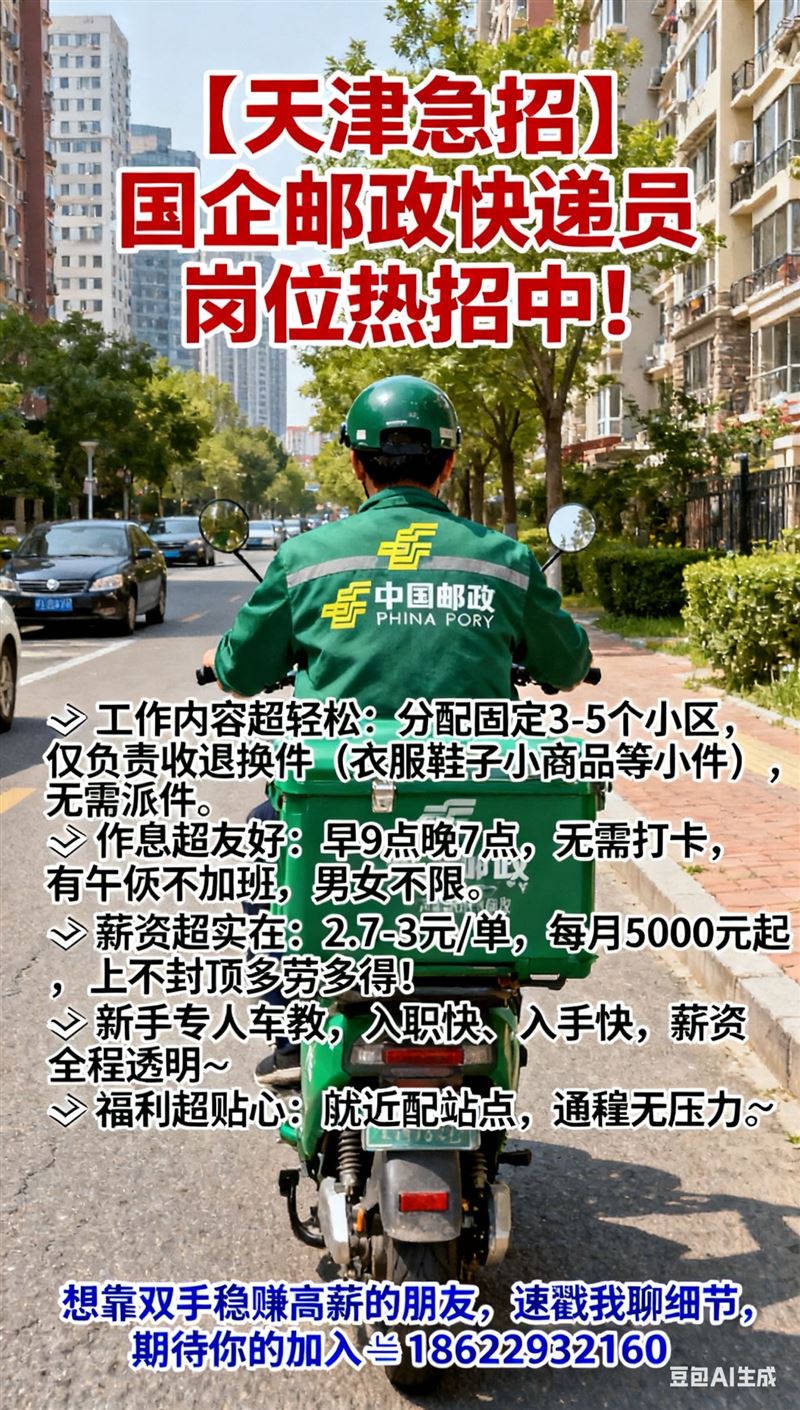 生态城邮政快递取件员1-2名，活轻松男女不限，0费用入职，